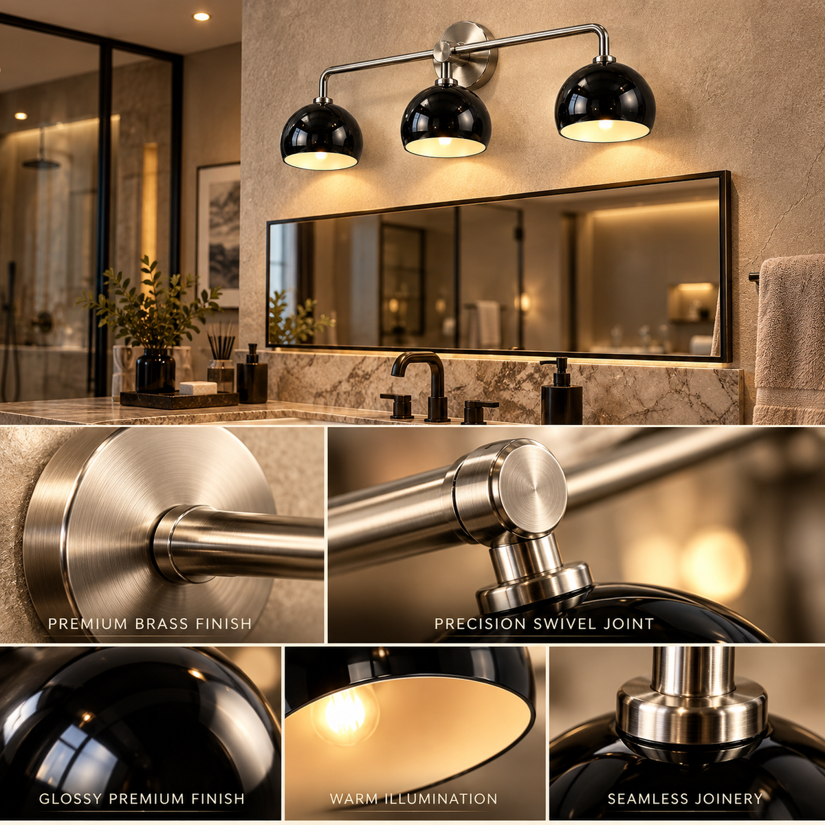 Close-up of 3-light brass wall sconce canopy swivel joint and dome shade