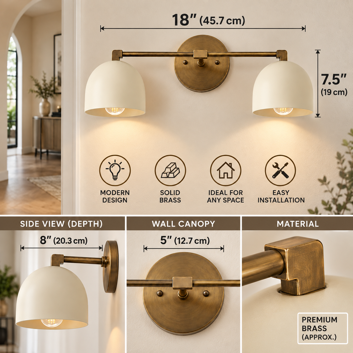 Mid-century modern brass double wall sconce with two dome shades and 18-inch width