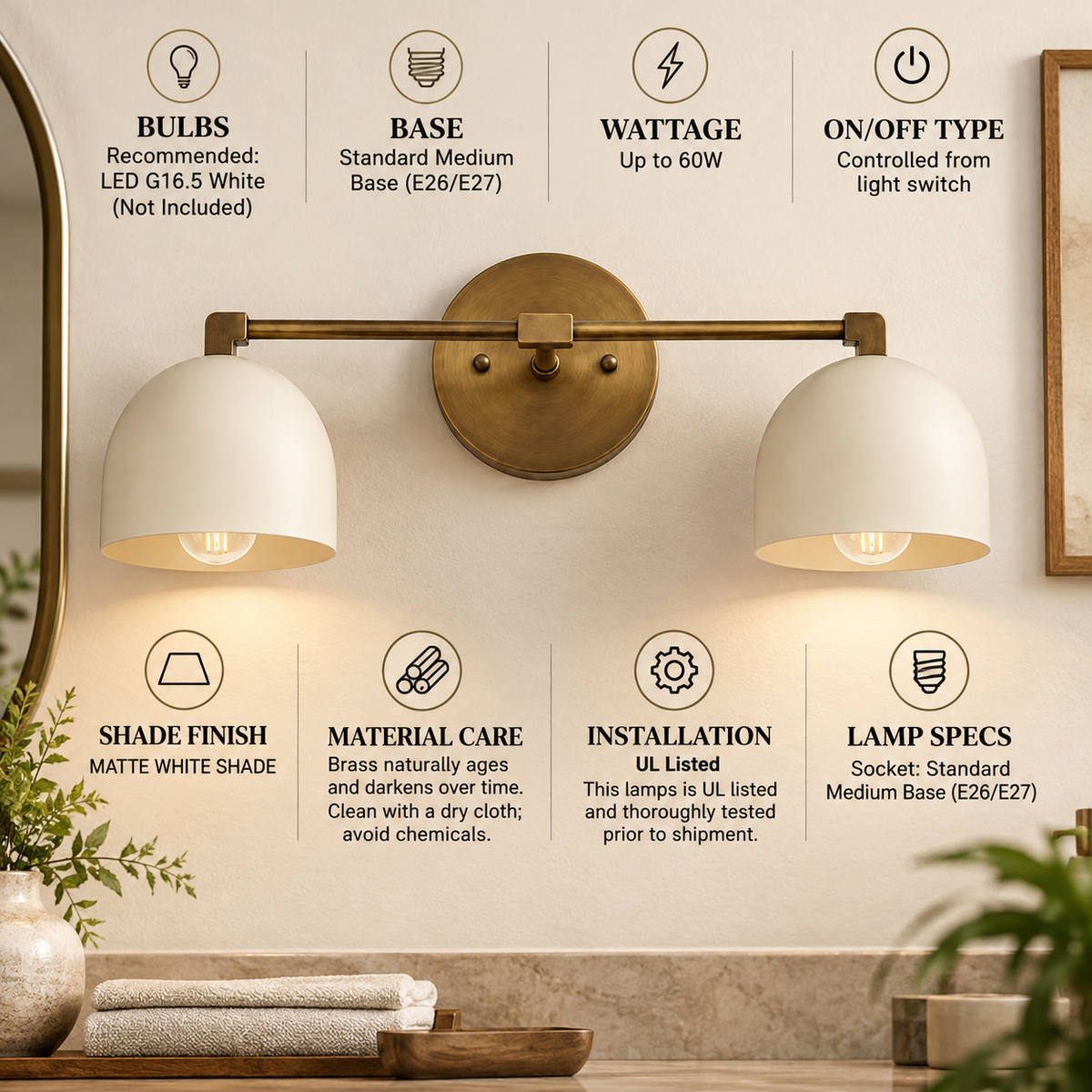 Brass double wall sconce with two E26 E27 bulbs and hardwired installation
