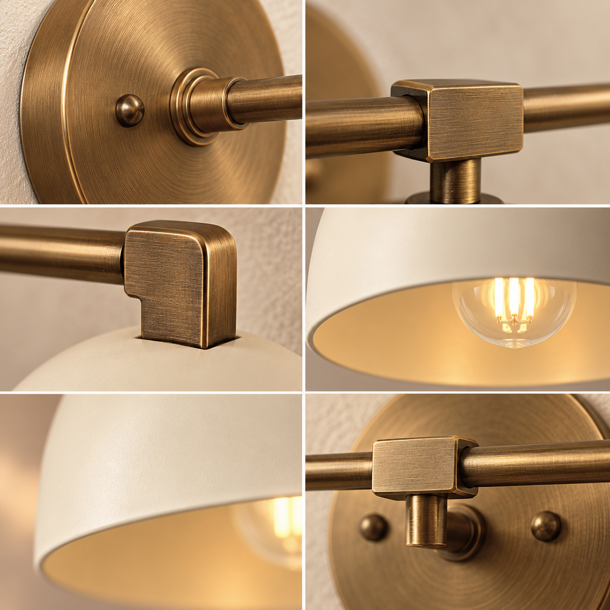 Close-up of brass double wall sconce arm canopy and dome shade construction