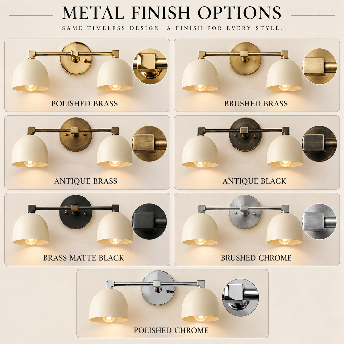 Double wall sconce available in brass chrome black and antique metal finishes