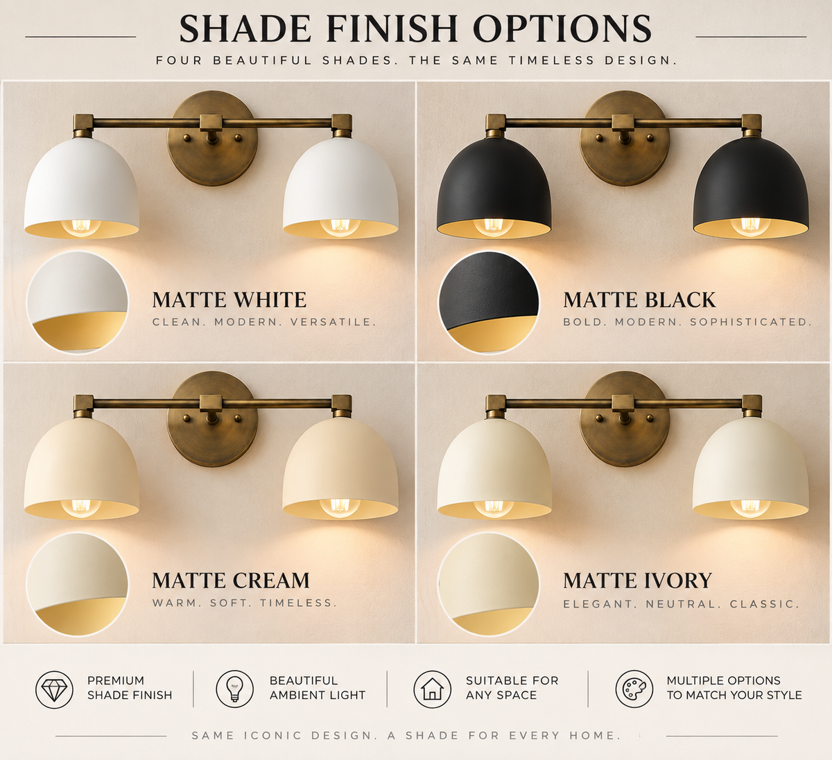 Double wall sconce with matte white, black cream and ivory shade options