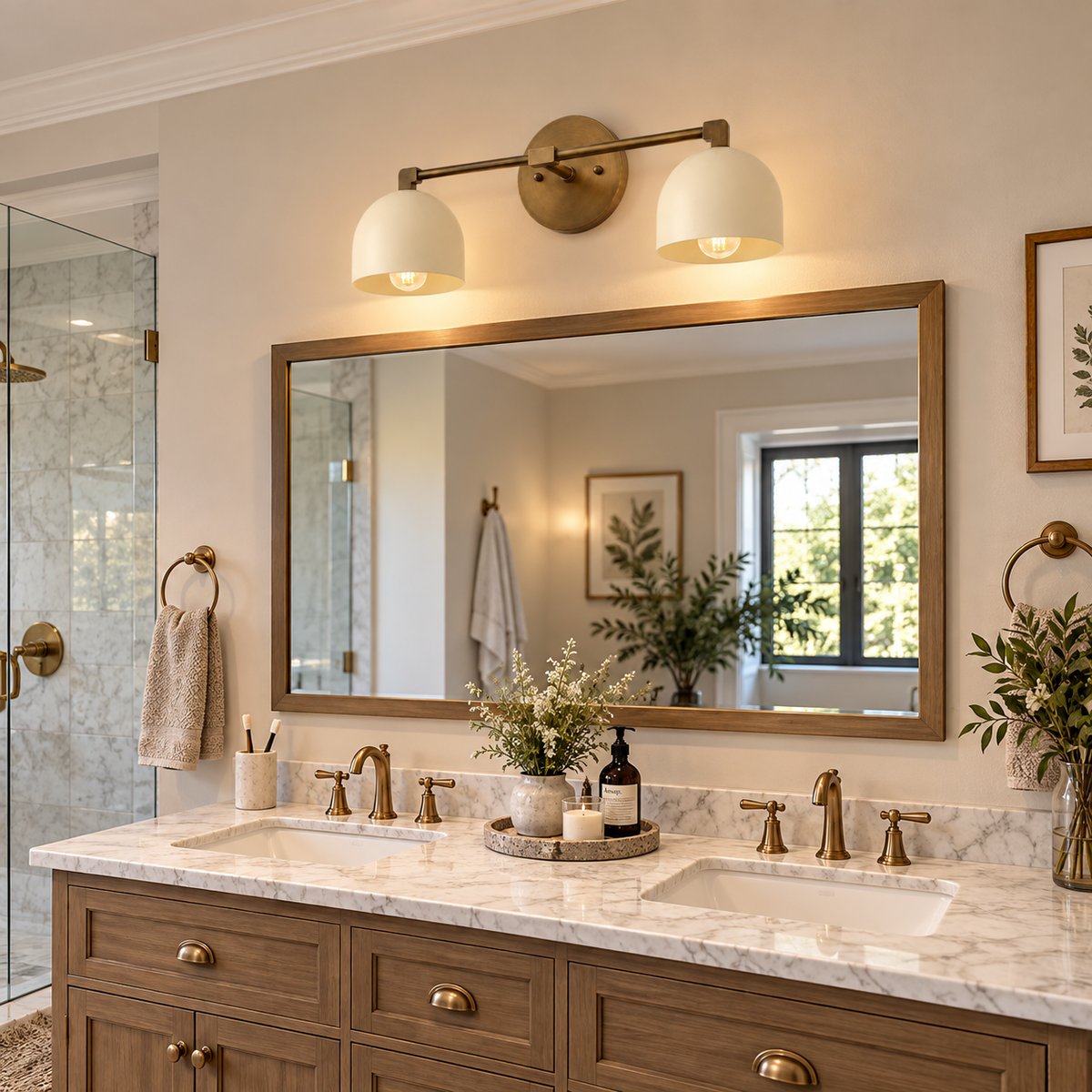 Brass double wall sconce installed above a bathroom vanity mirror