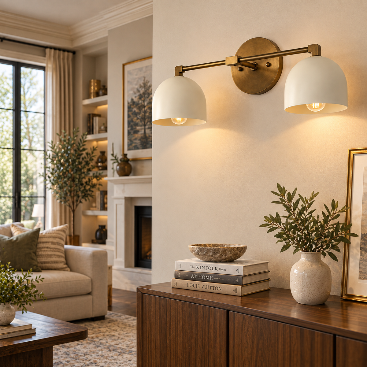 Mid-century modern brass double wall sconce used as refined interior wall lighting