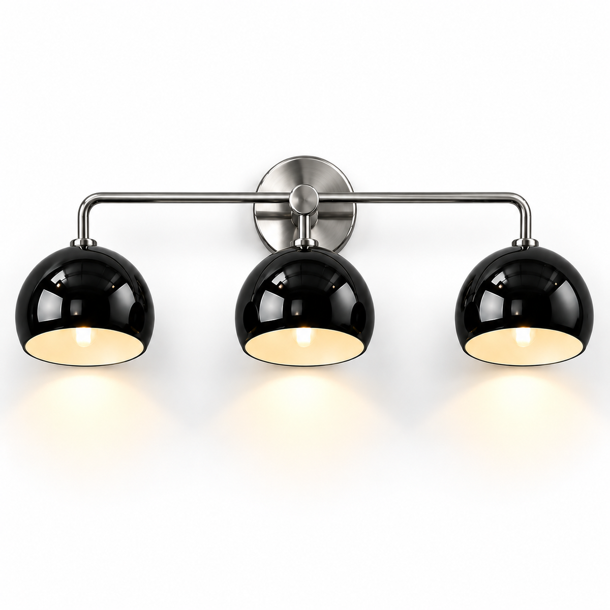 3-light wall sconce with black dome shades and brass frame