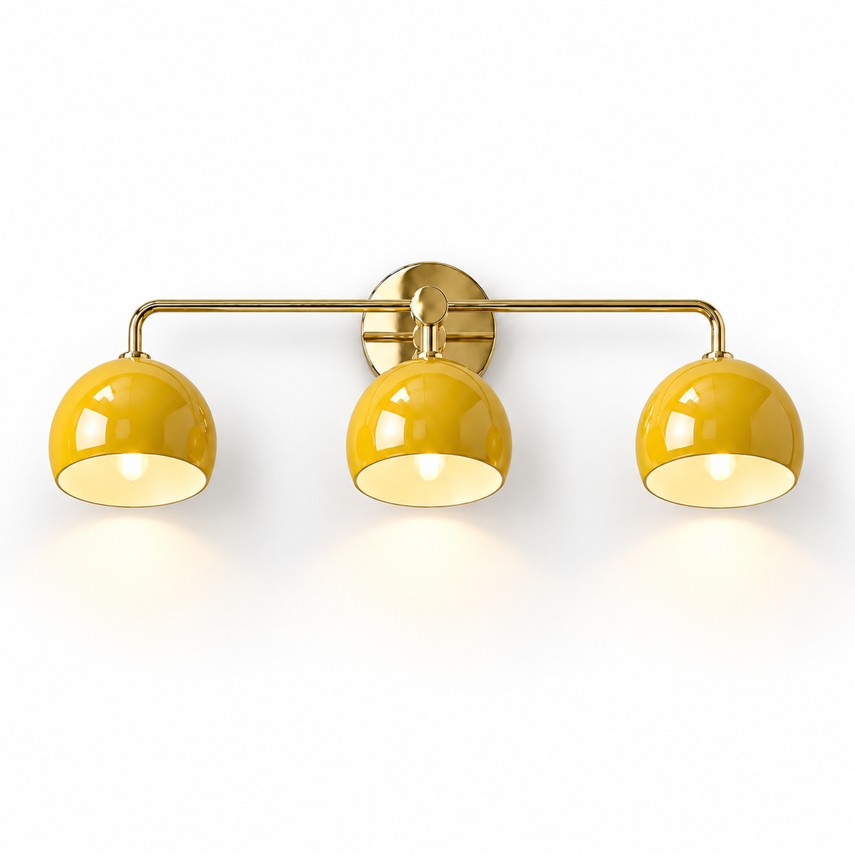 3-light wall sconce with yellow dome shades and brass frame