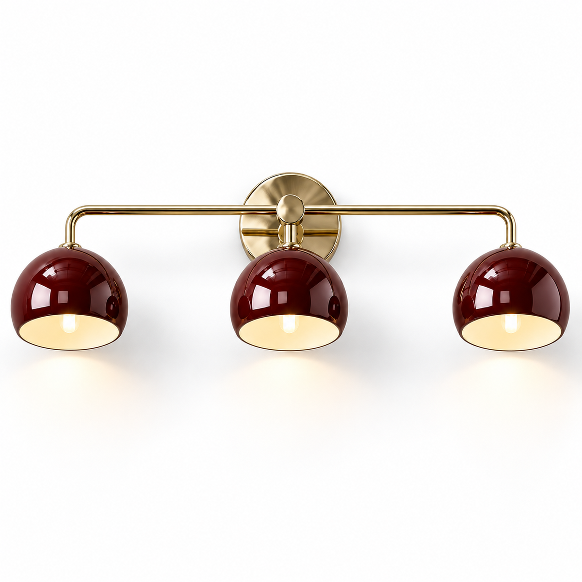 3-light wall sconce with maroon dome shades and brass frame