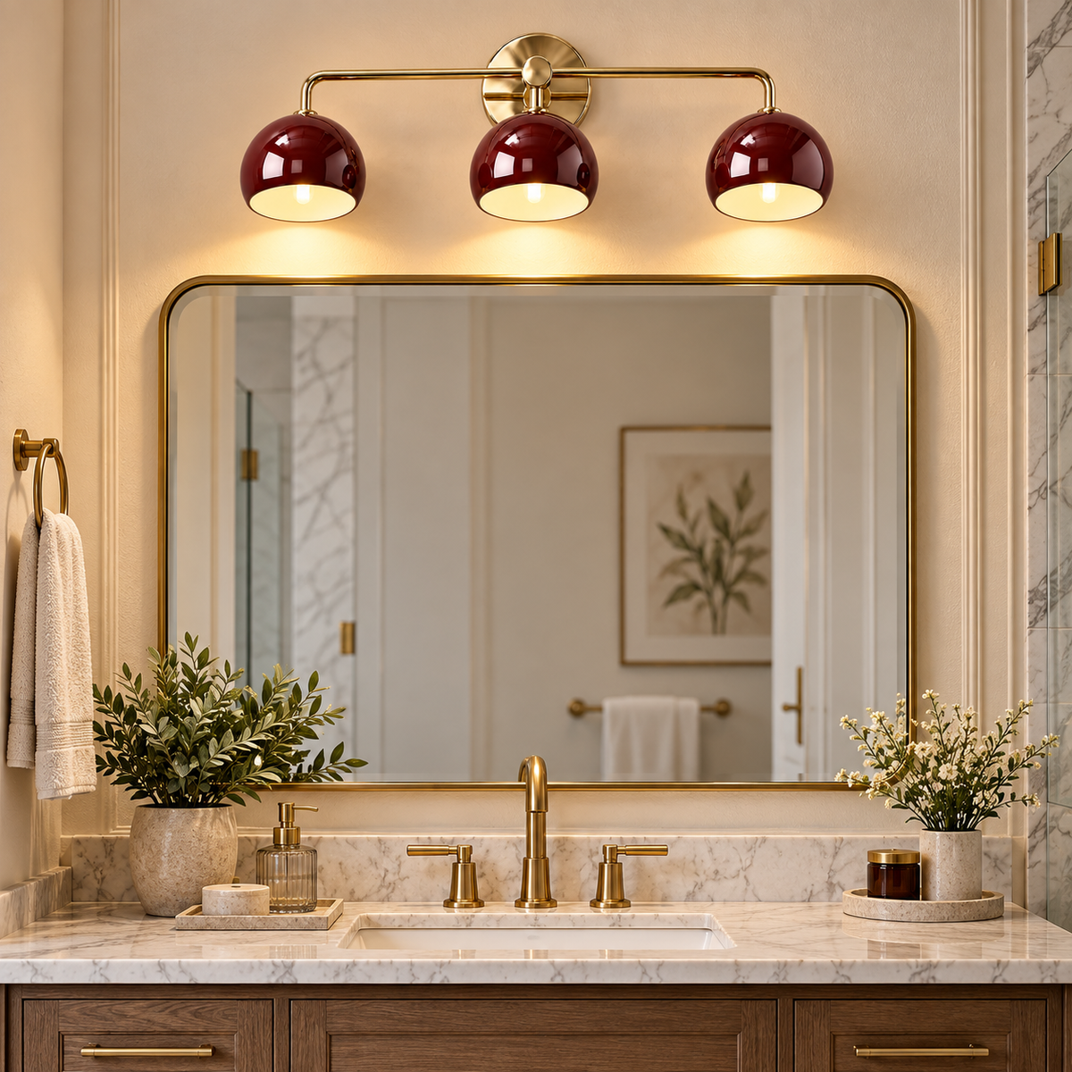 Maroon 3-light brass wall sconce above a bathroom vanity mirror