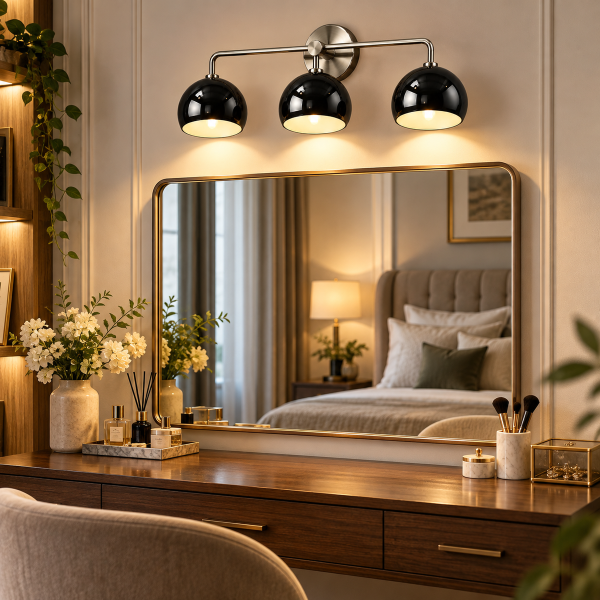 Black 3-light wall sconce above a bedroom dressing vanity