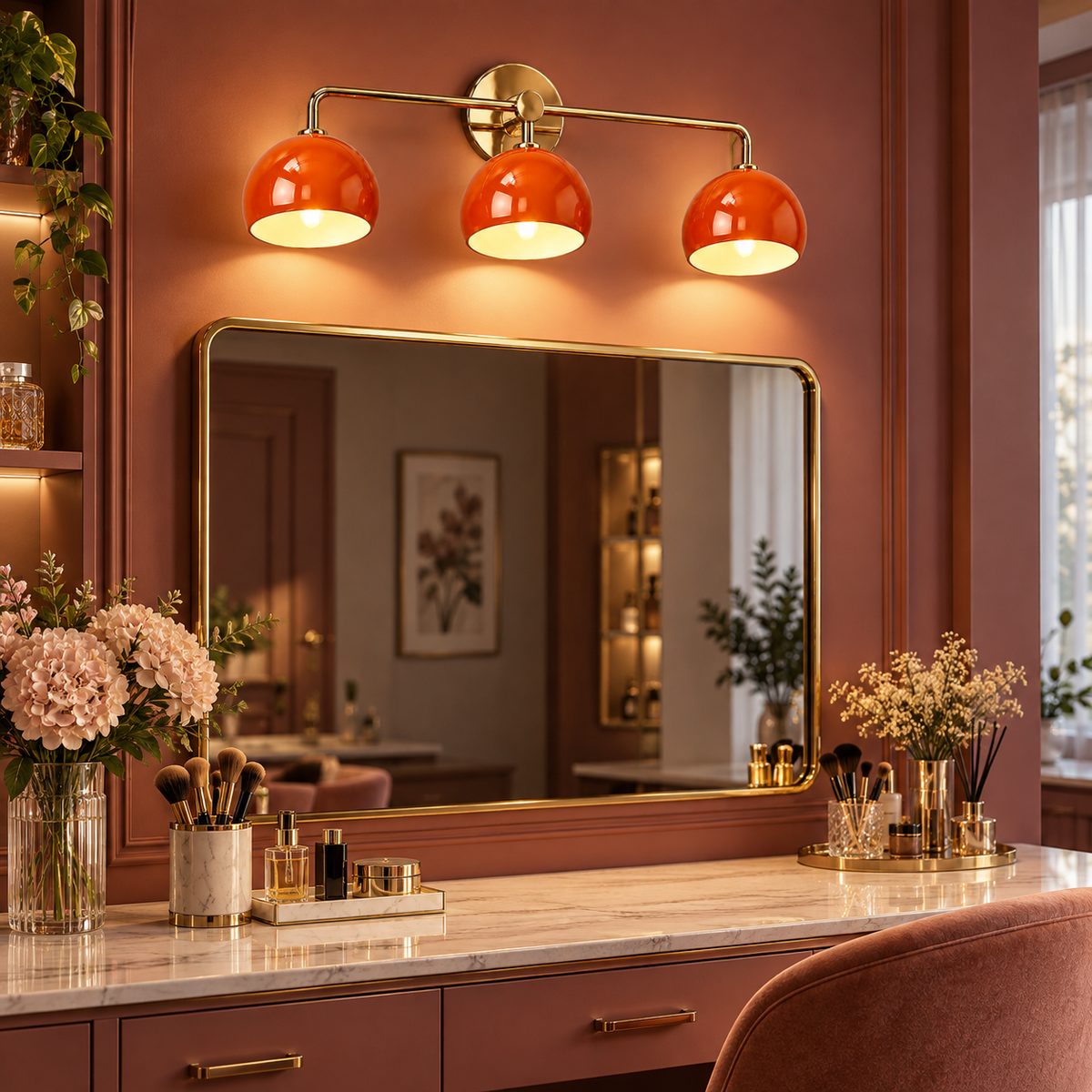 Orange 3-light wall sconce above a luxury dressing vanity mirror