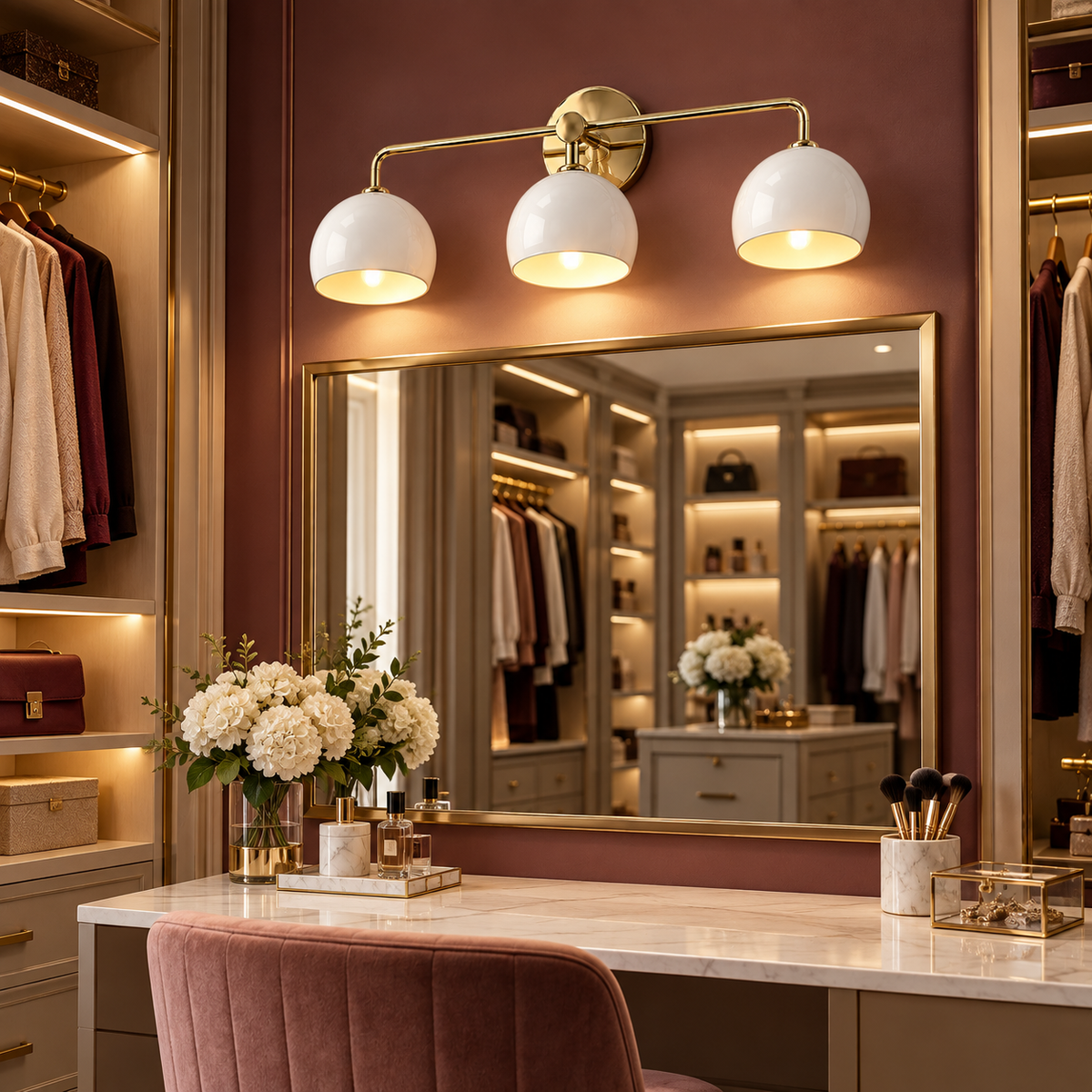 White 3-light wall sconce above a dressing room vanity mirror