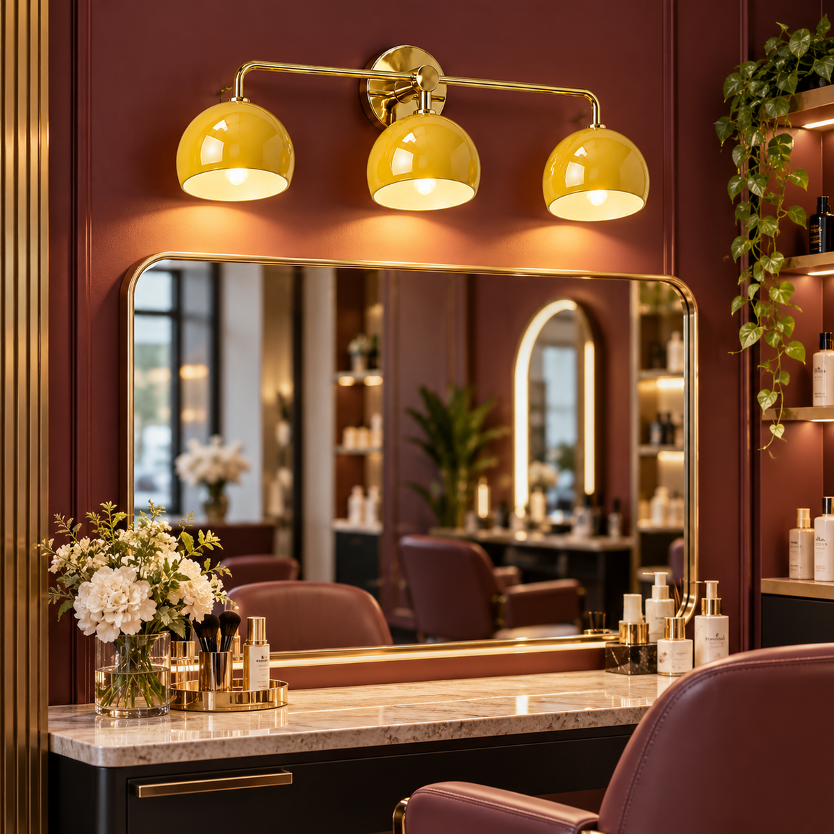 Yellow 3-light wall sconce above a modern interior vanity