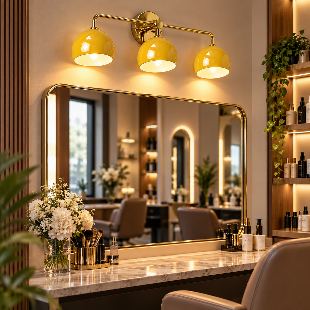 Yellow 3-light wall sconce in an elegant dressing room interior