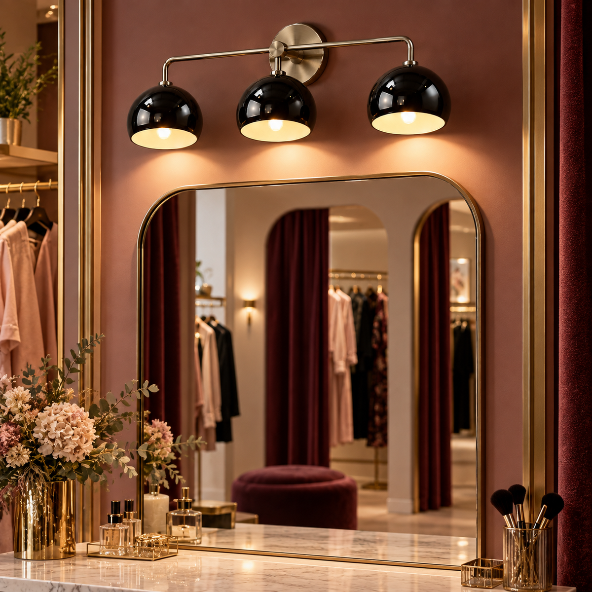 Black 3-light wall sconce above a dressing room mirror