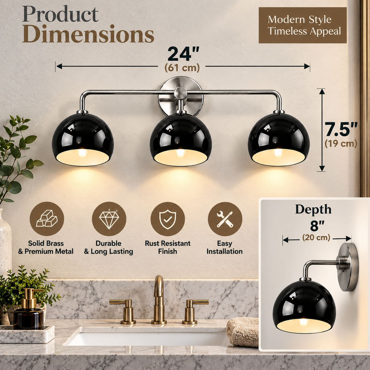 3-light brass wall sconce showing 24-inch width 7.5-inch height and 8-inch depth