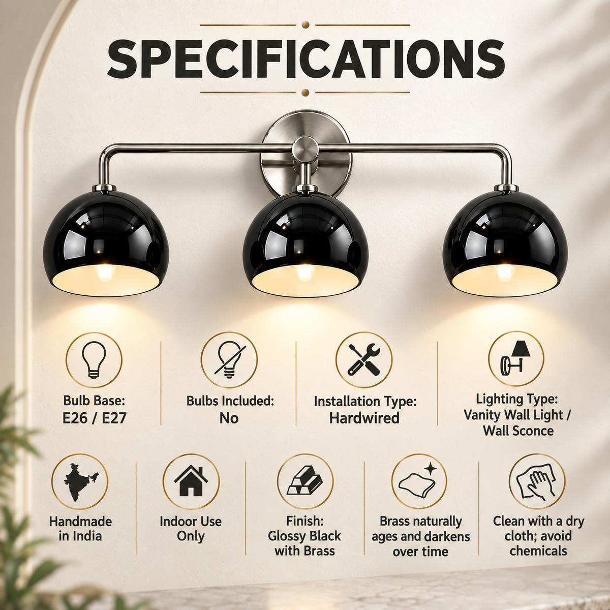3-light brass wall sconce with E26 E27 bulbs and hardwired indoor installation