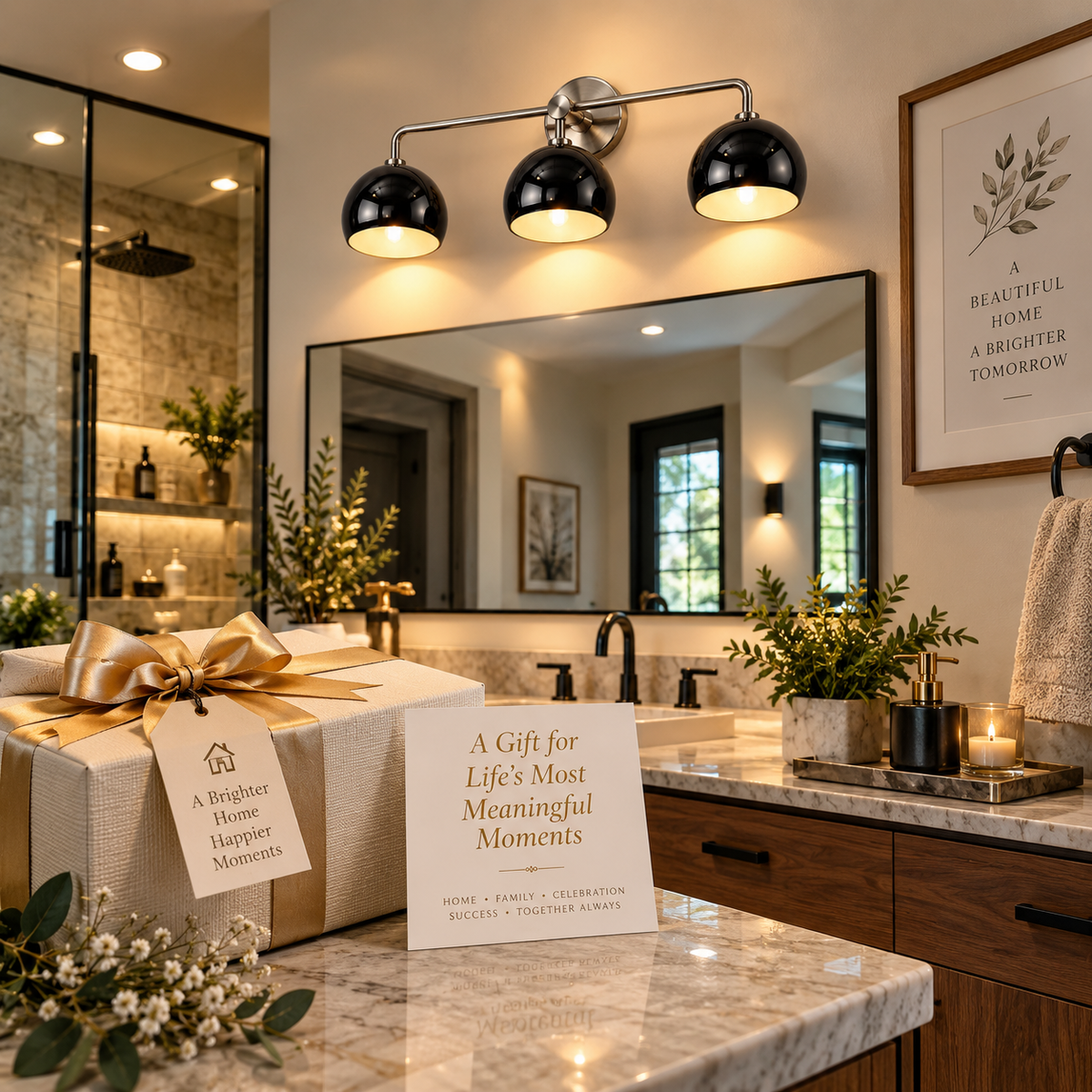 3-light brass wall sconce above a bathroom vanity mirror