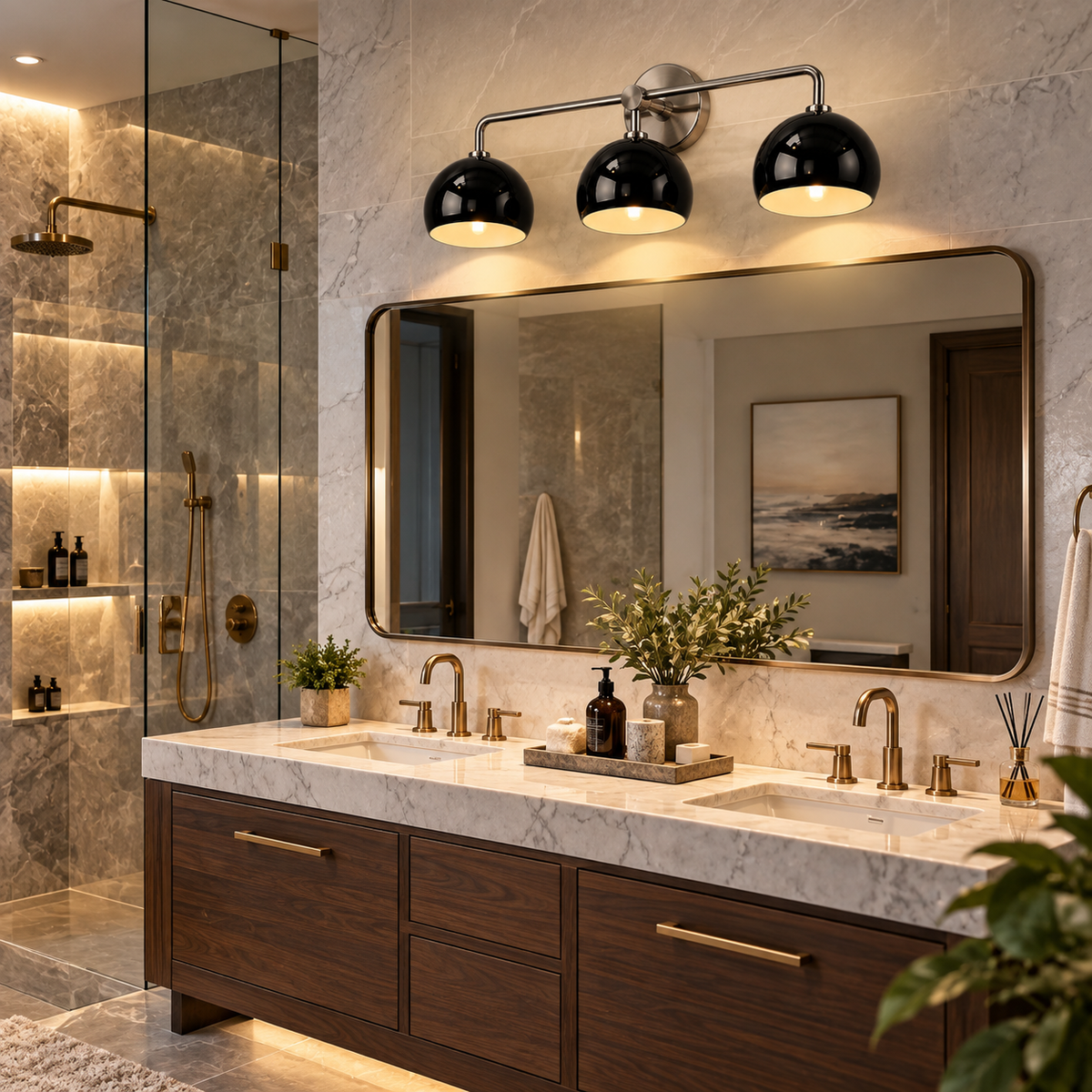 Black dome 3-light wall sconce installed above a double bathroom vanity