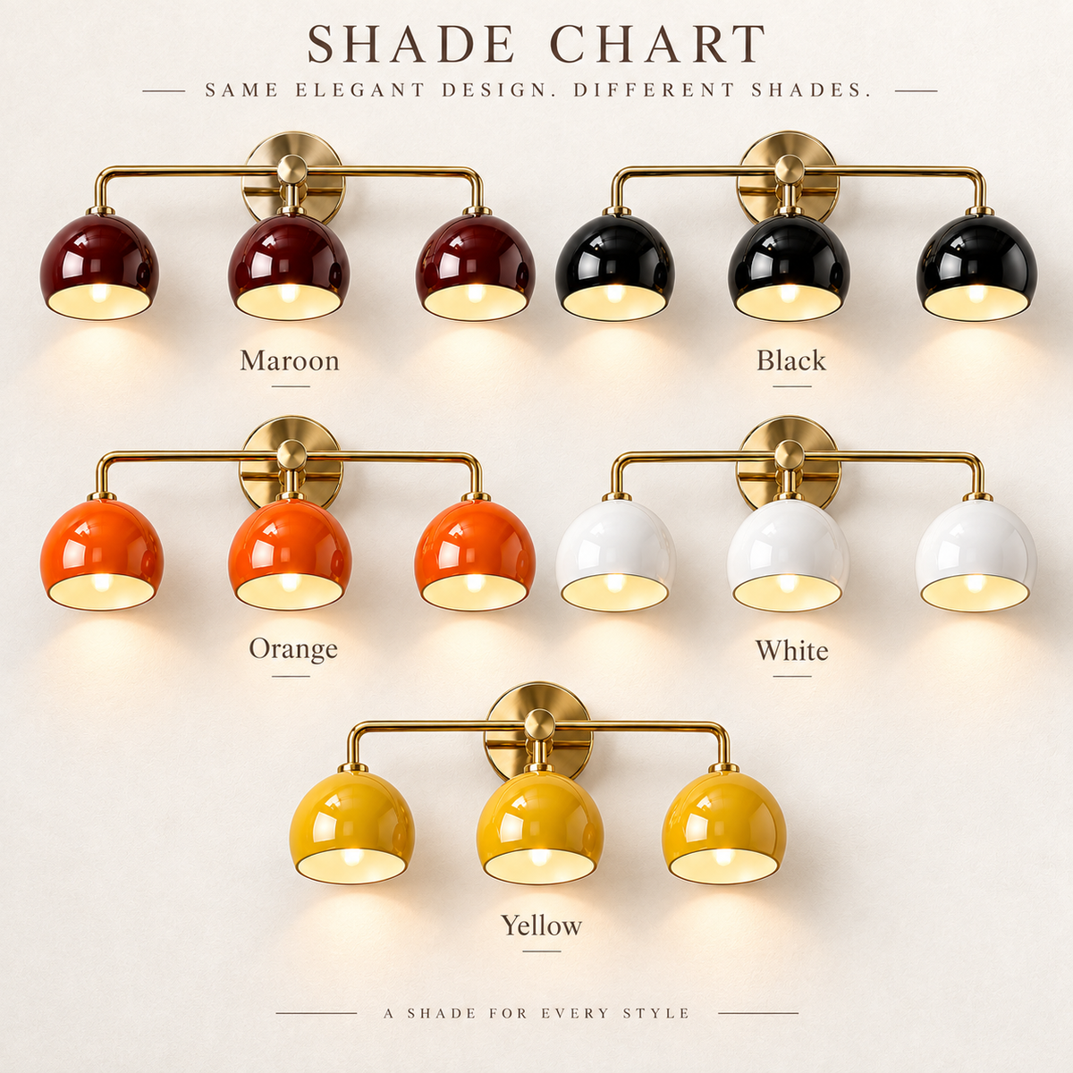 3-light wall sconce available in maroon, black orange white and yellow shades