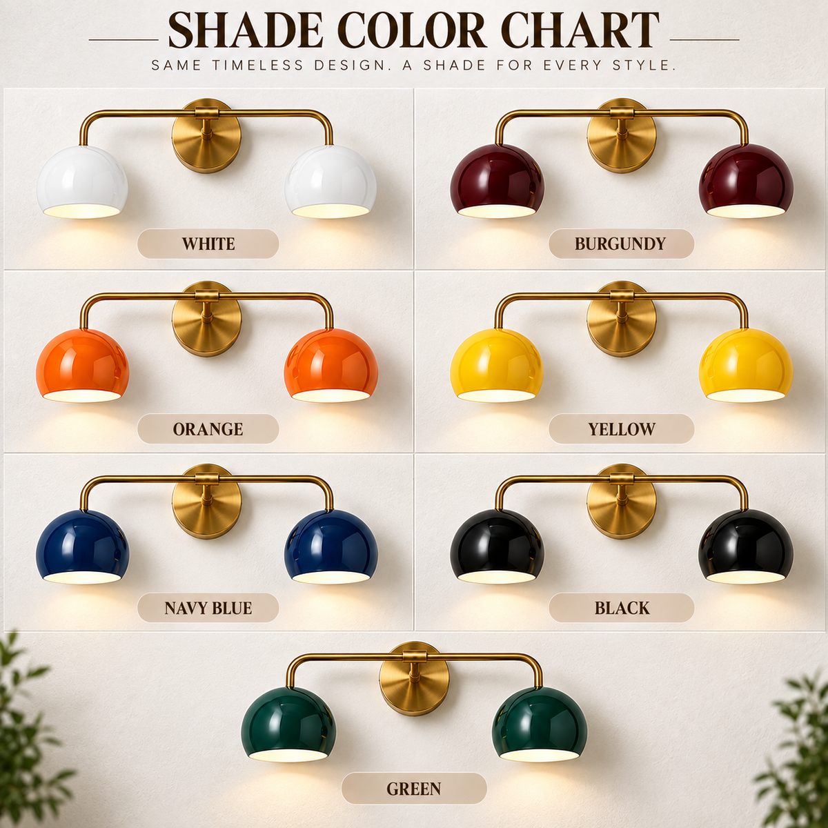 2-light brass wall sconce shade color options in white, burgundy orange yellow navy blue black and green