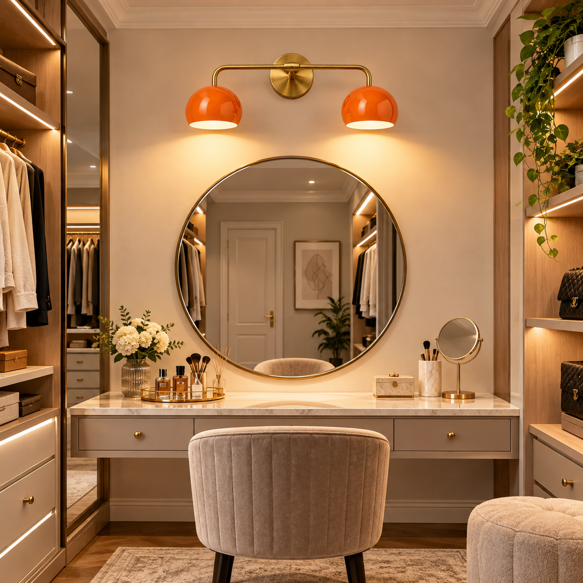 2-light brass wall sconce above a dresser and long bedroom headboard
