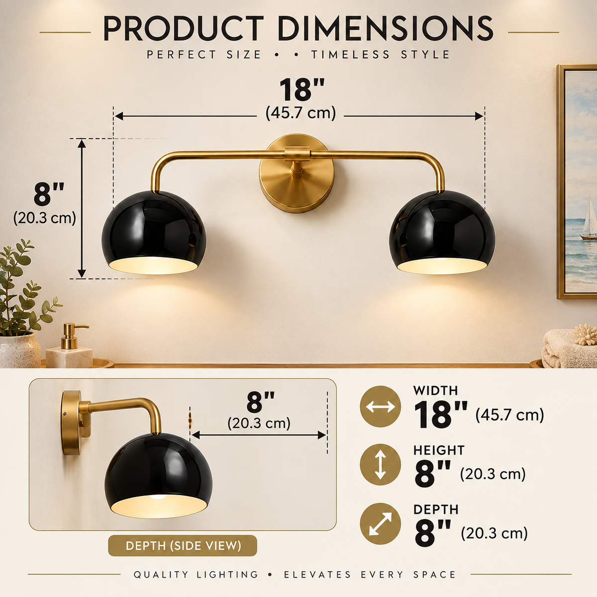 2-light brass wall sconce showing 18-inch width 8-inch height and 8-inch depth