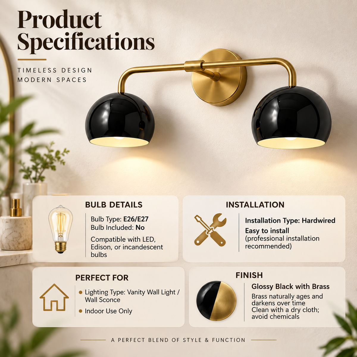 2-light brass vanity wall light showing E26 E27 bulbs hardwired installation and indoor use