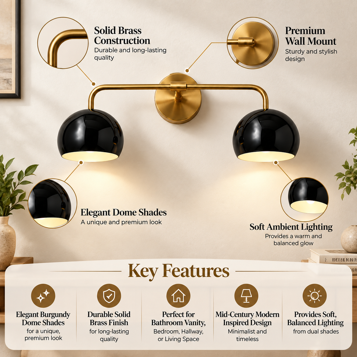 NauticZen 2-Light Brass Wall Sconce – Double Vanity Wall Light
