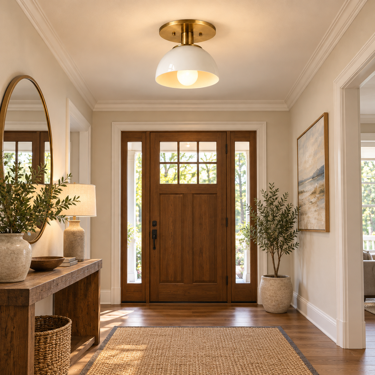 Brass and white dome ceiling light installed in a warm entryway foyer