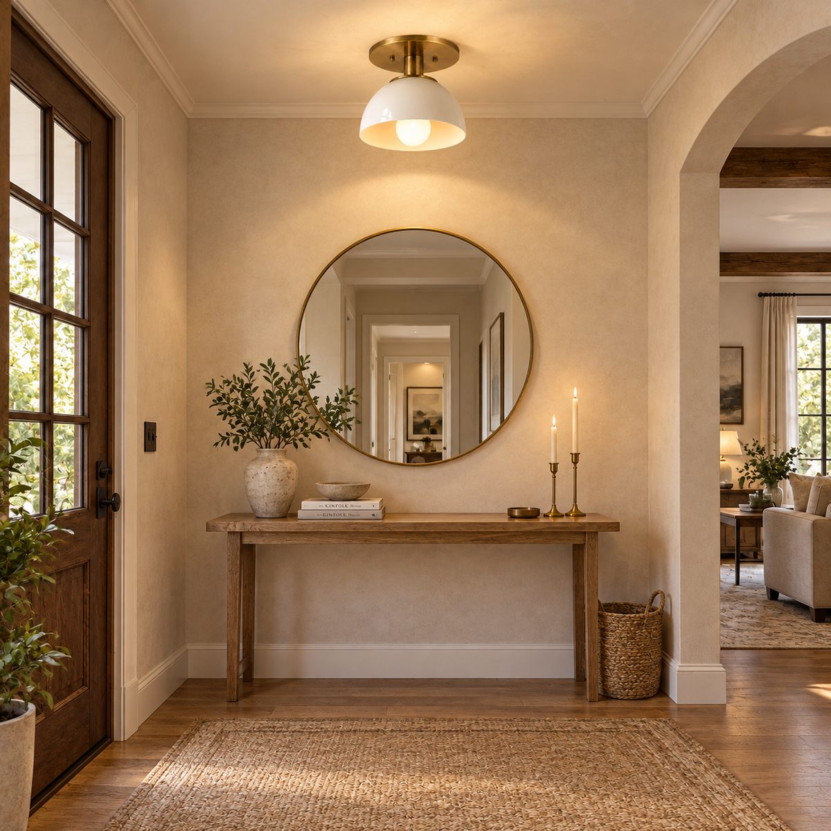 Brass and white dome ceiling light above an entryway console and round mirror