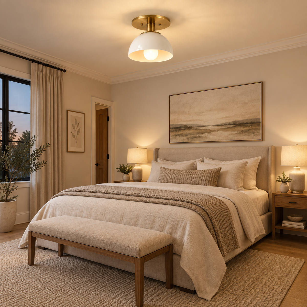 NauticZen Brass & White Semi-Flush Mount Ceiling Light – Dome Fixture