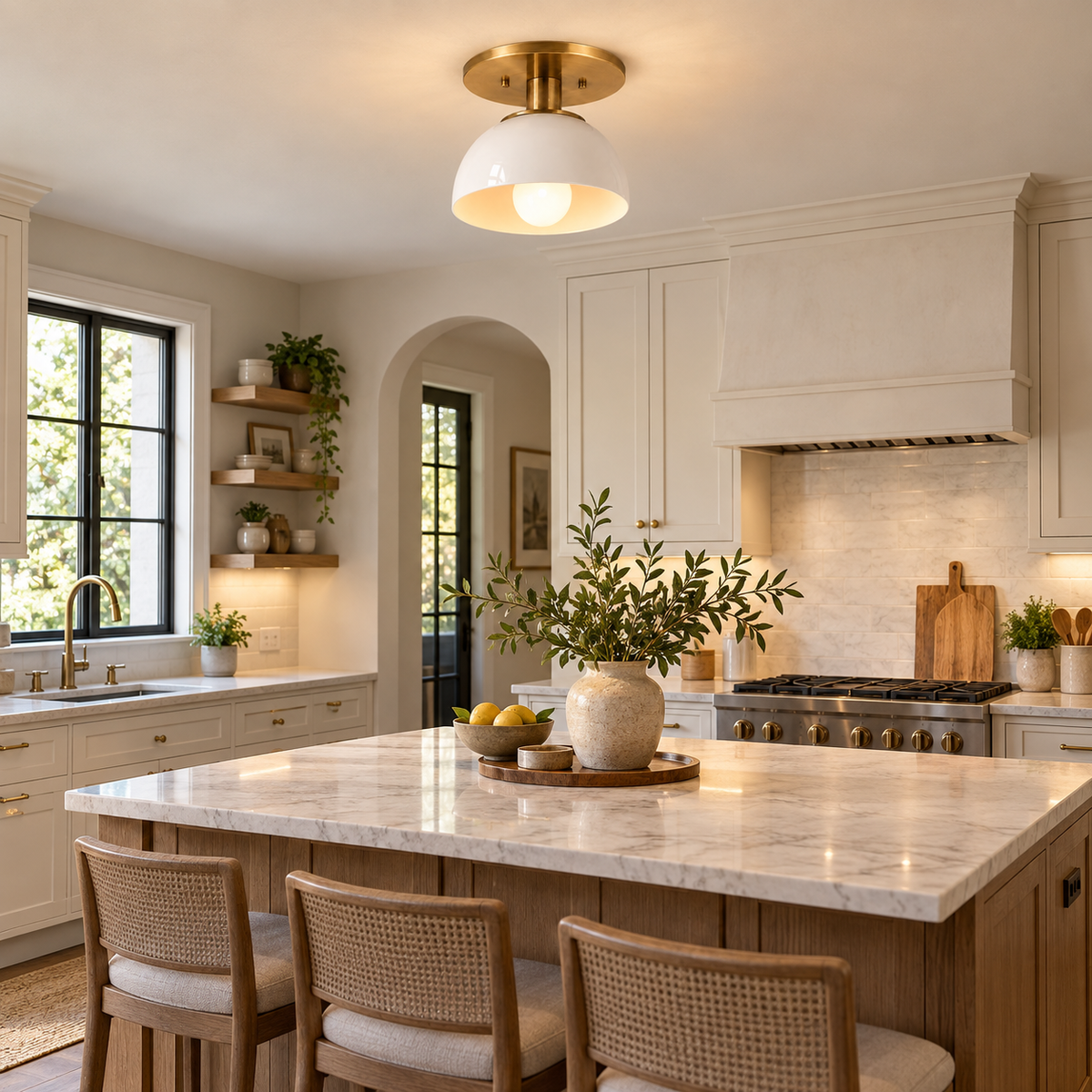 Brass and white dome ceiling light in an elegant modern living room