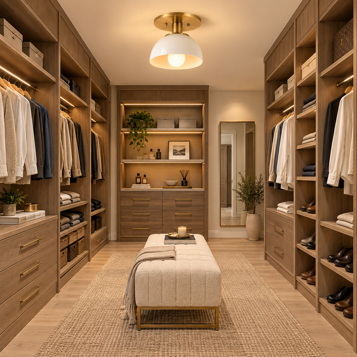 Brass and white dome ceiling light in a walk-in closet