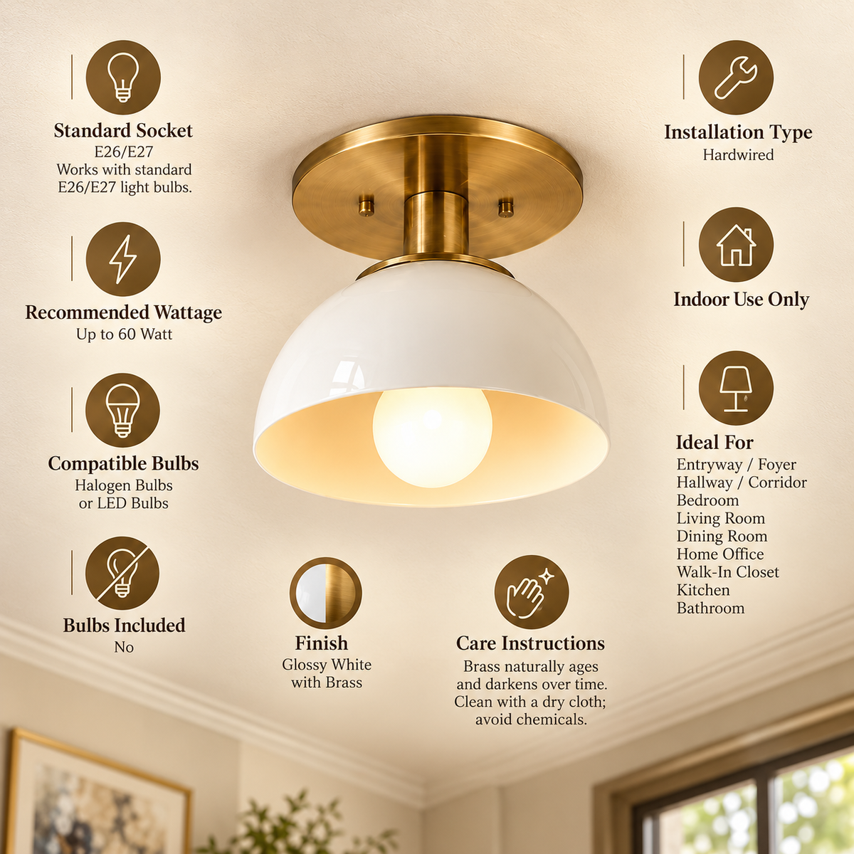 Brass and white ceiling light showing E26 E27 socket hardwired installation and indoor use