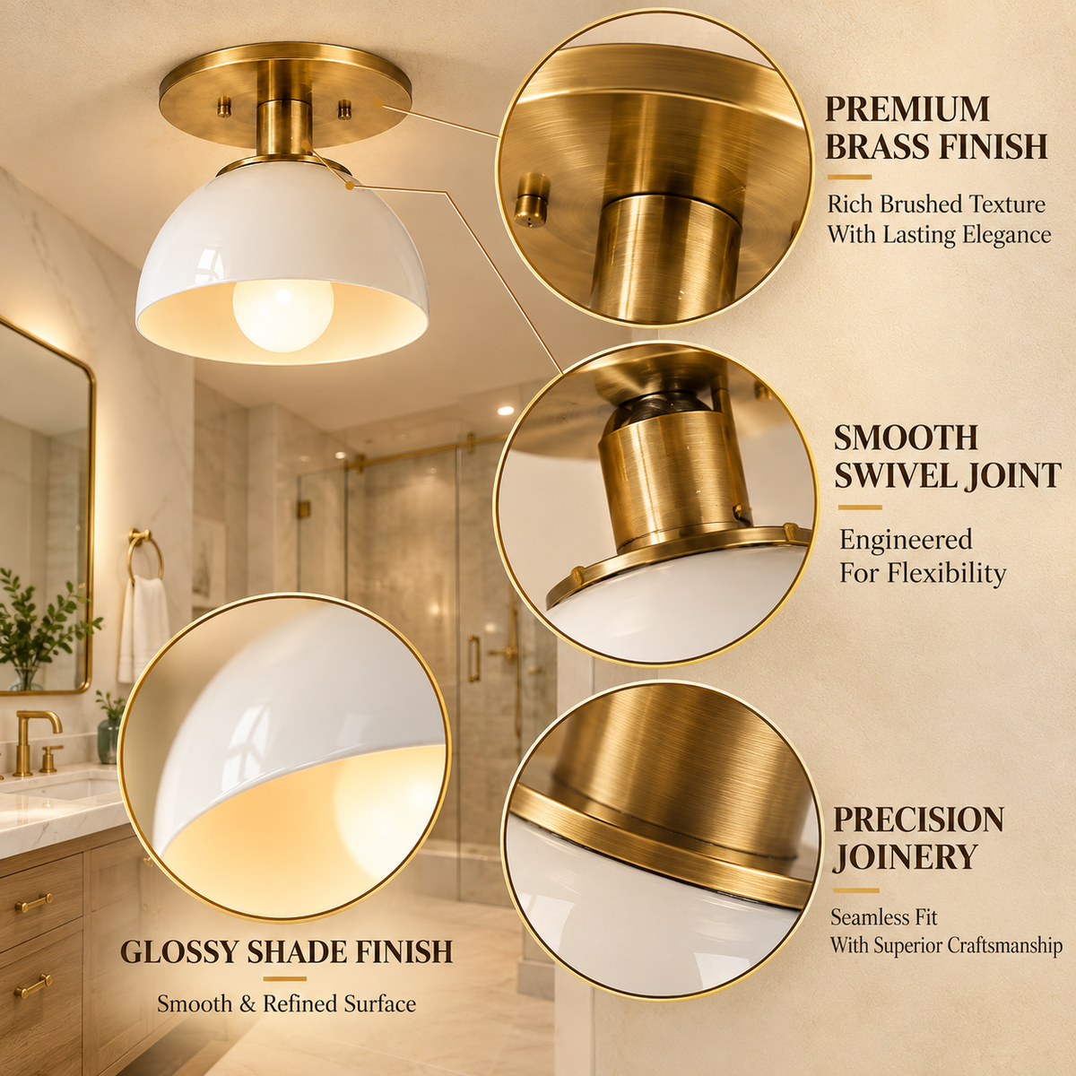 Close-up of brass ceiling light showing premium brass finish smooth swivel joint and glossy white shade