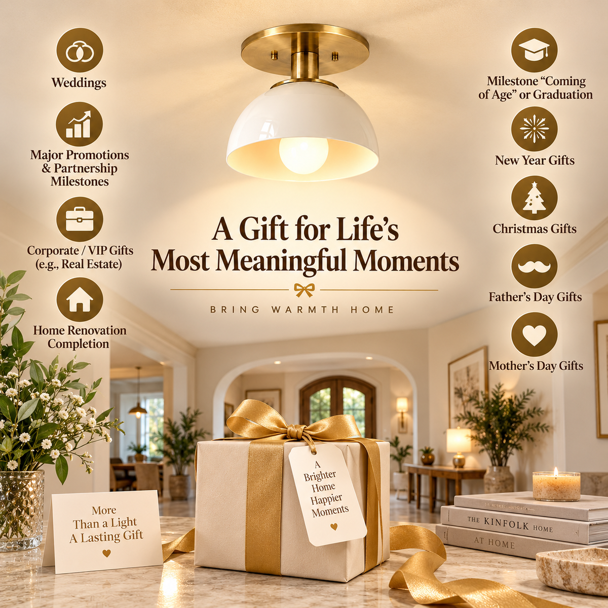 Brass and white dome ceiling light presented as a meaningful home gift