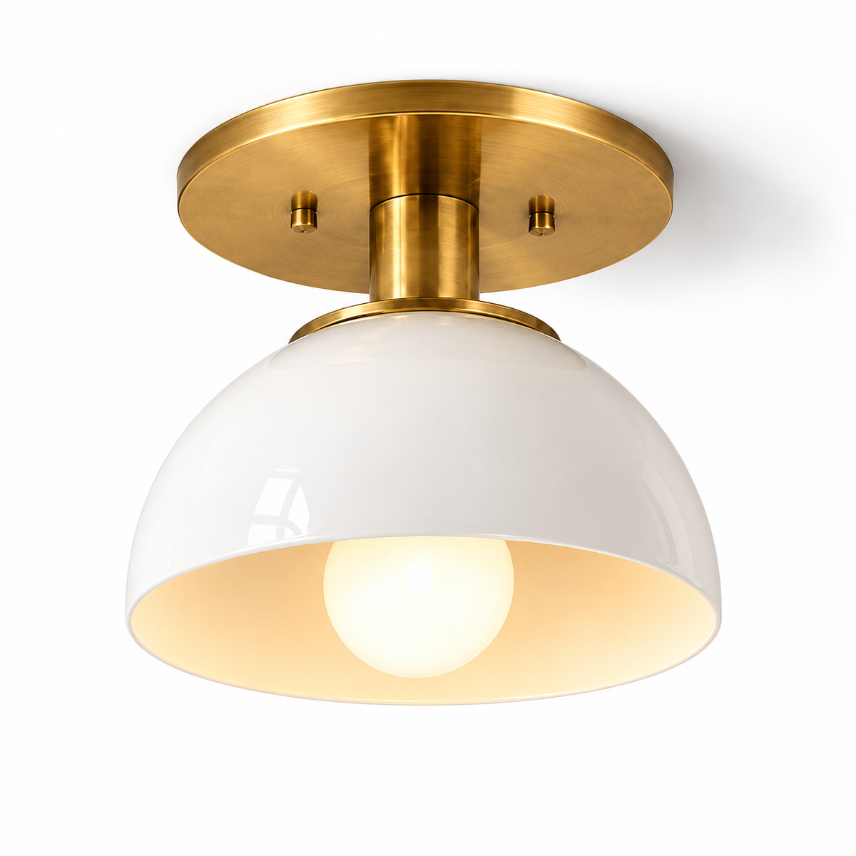 Brass and white dome semi-flush mount ceiling light with glossy white shade