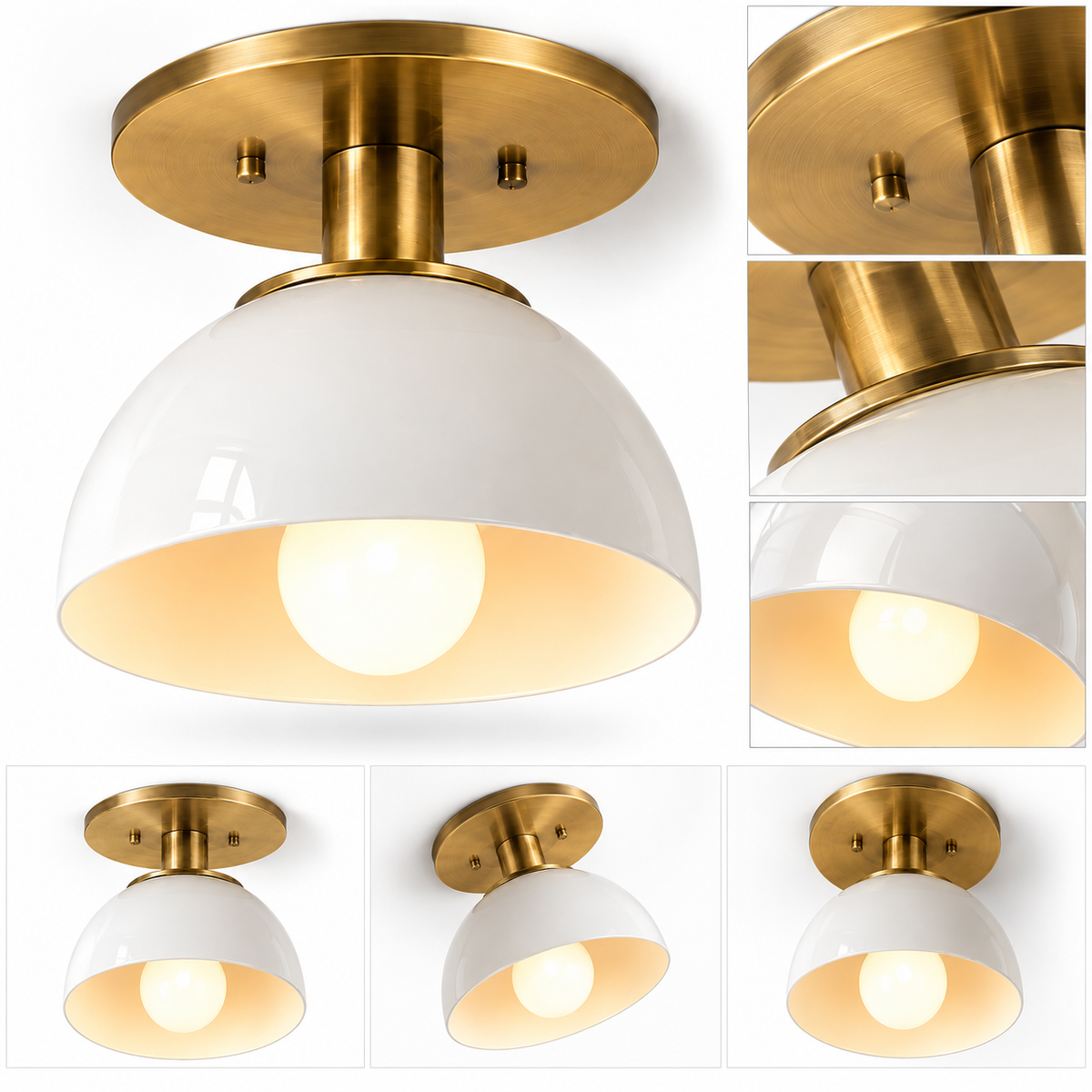 Brass and white dome ceiling light showing front angle and detailed brass construction