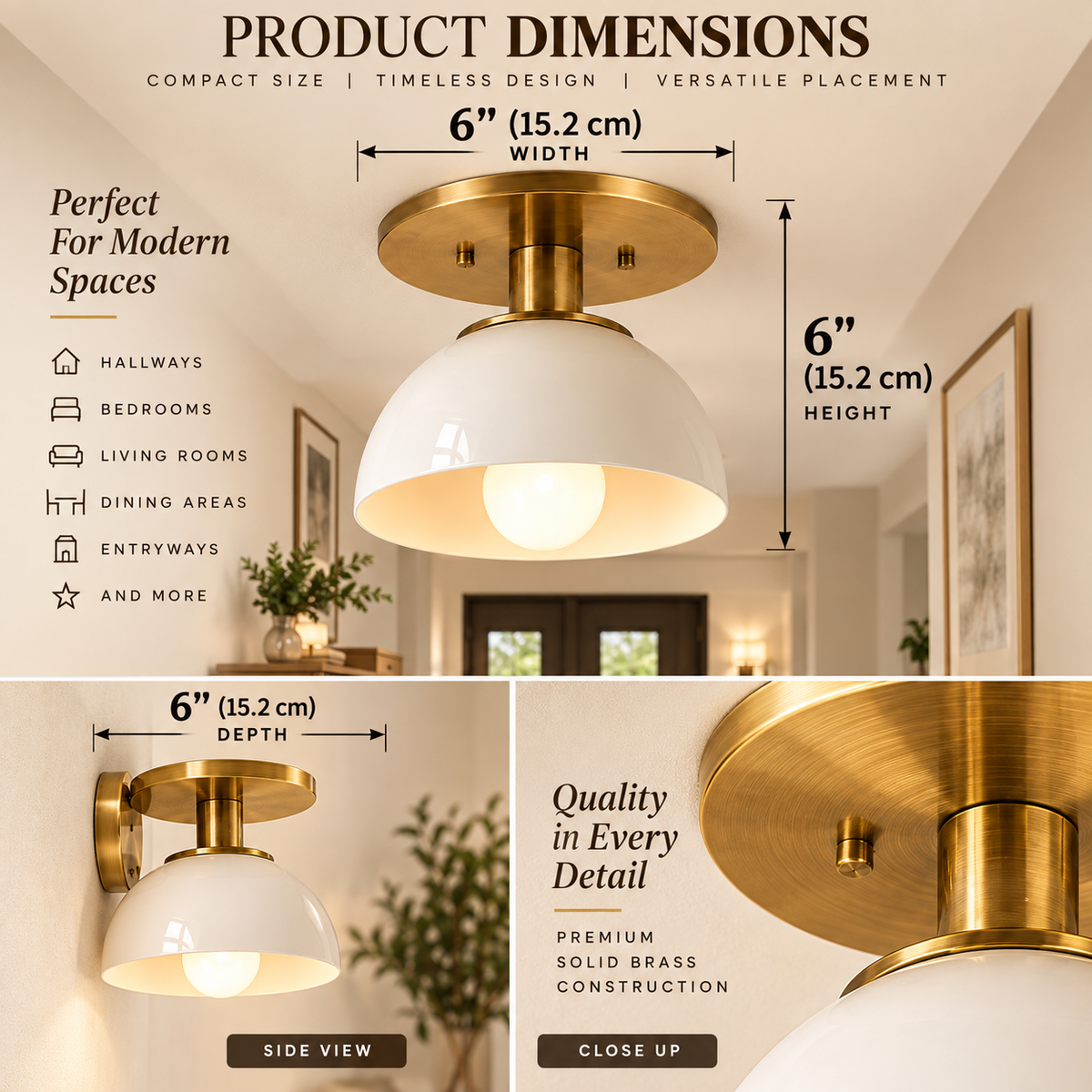 Brass and white semi-flush ceiling light showing 6-inch width height and depth