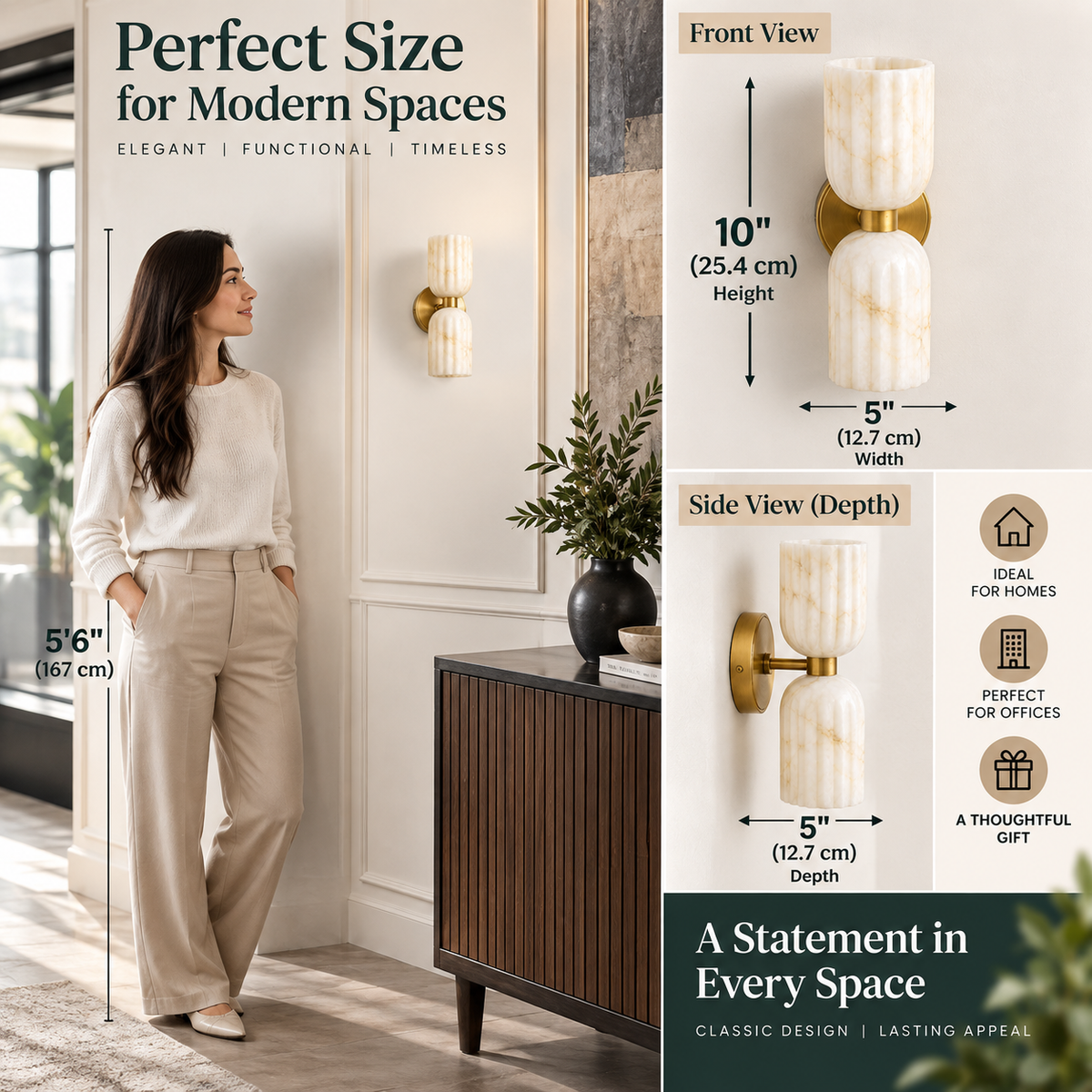 10-inch natural alabaster wall sconce shown with size reference and front and side dimensions
