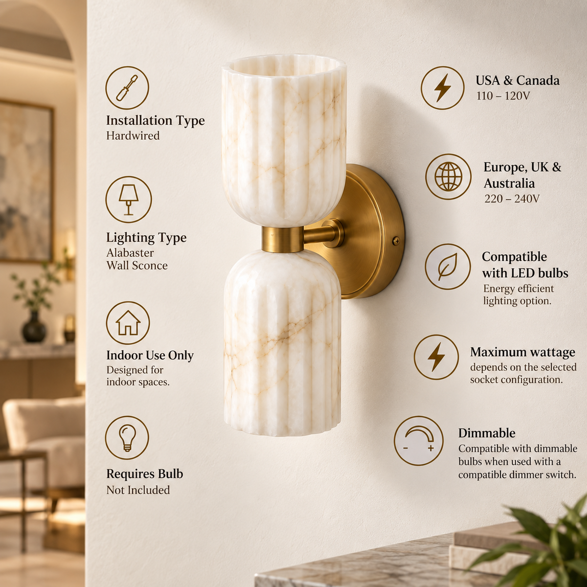 Natural alabaster wall sconce showing hardwired installation voltage LED compatibility and dimming information