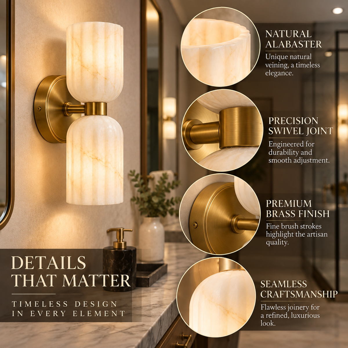 Close-up of natural alabaster wall sconce showing stone veining swivel joint brass finish and craftsmanship