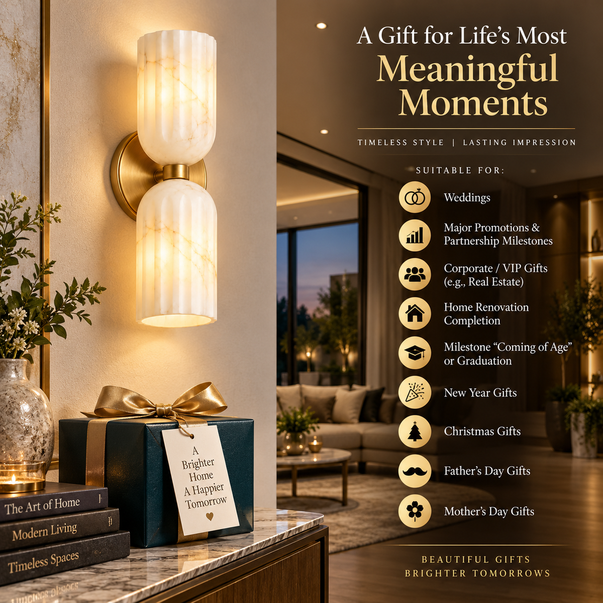Natural alabaster wall sconce presented as an elegant home and milestone gift