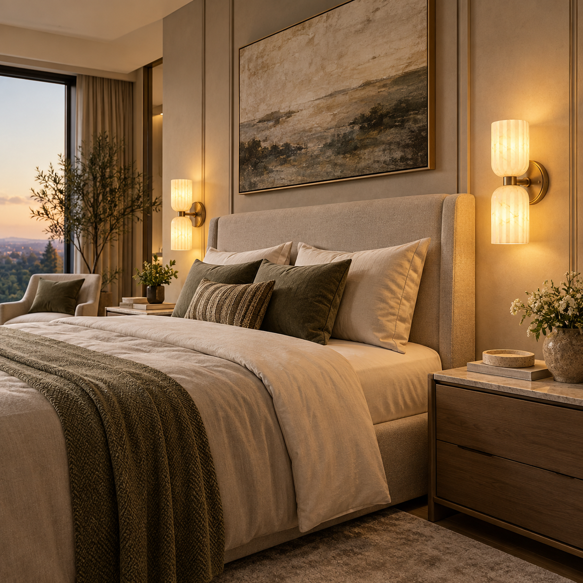 Natural alabaster double wall sconces beside a bed in an elegant bedroom