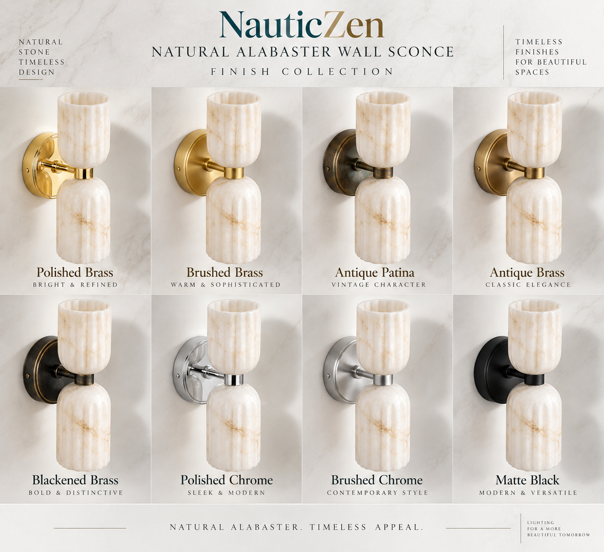 Natural alabaster double wall sconce shown with eight metal finish options