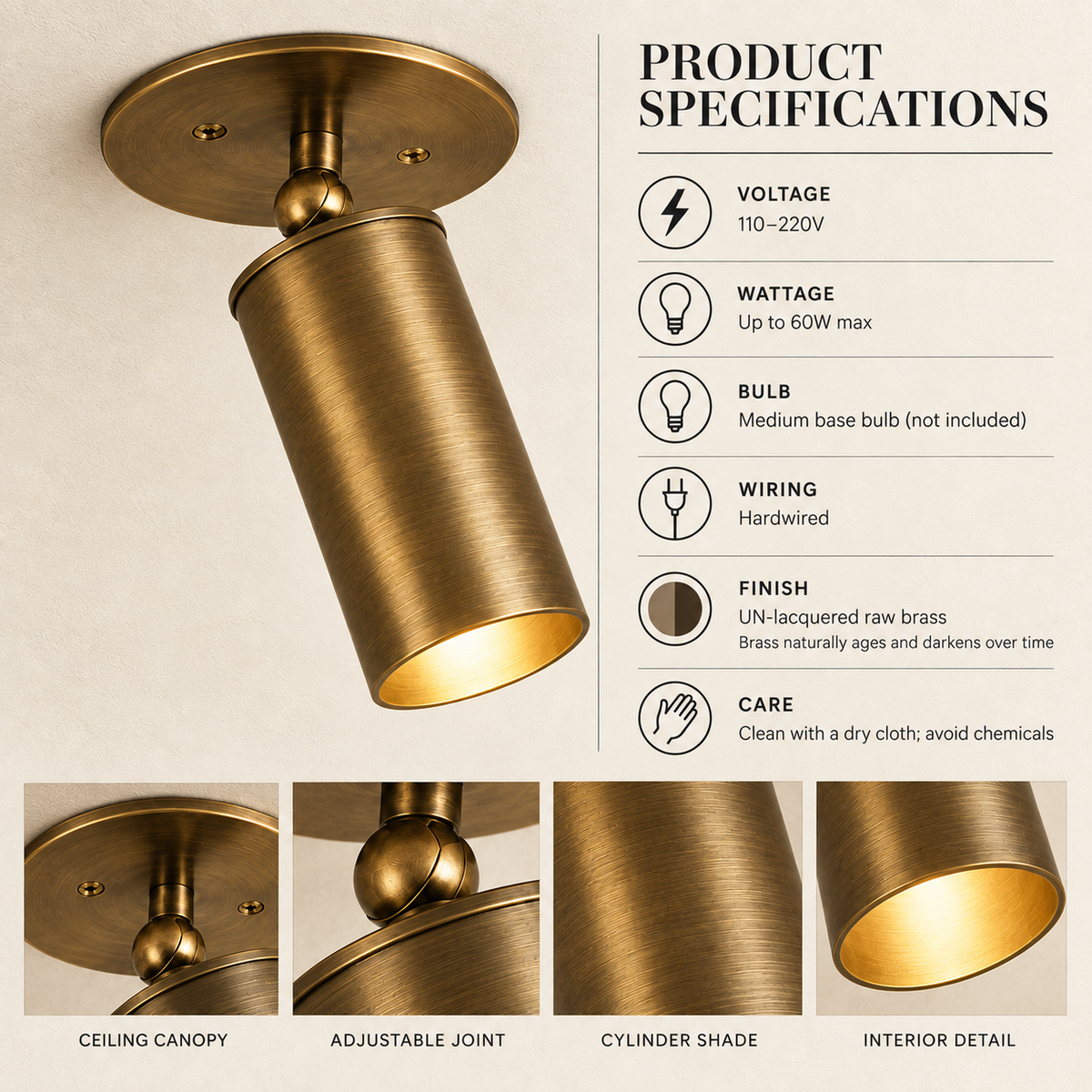 NauticZen Handmade Mid-Century Modern Brass Ceiling Spotlight: Adjustable Accent Lighting