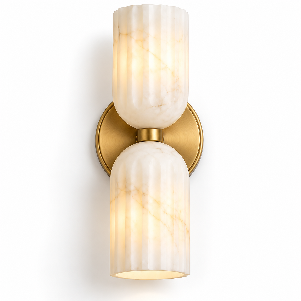 Natural alabaster double wall sconce with two vertically arranged stone shades and brass wall mount