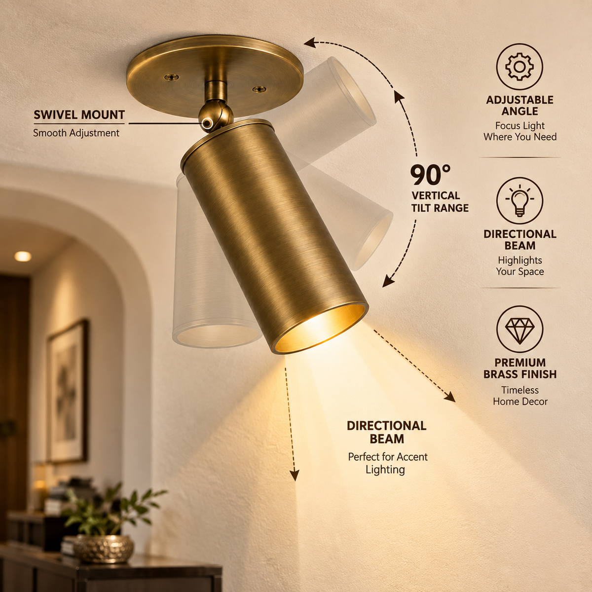 NauticZen Handmade Mid-Century Modern Brass Ceiling Spotlight: Adjustable Accent Lighting