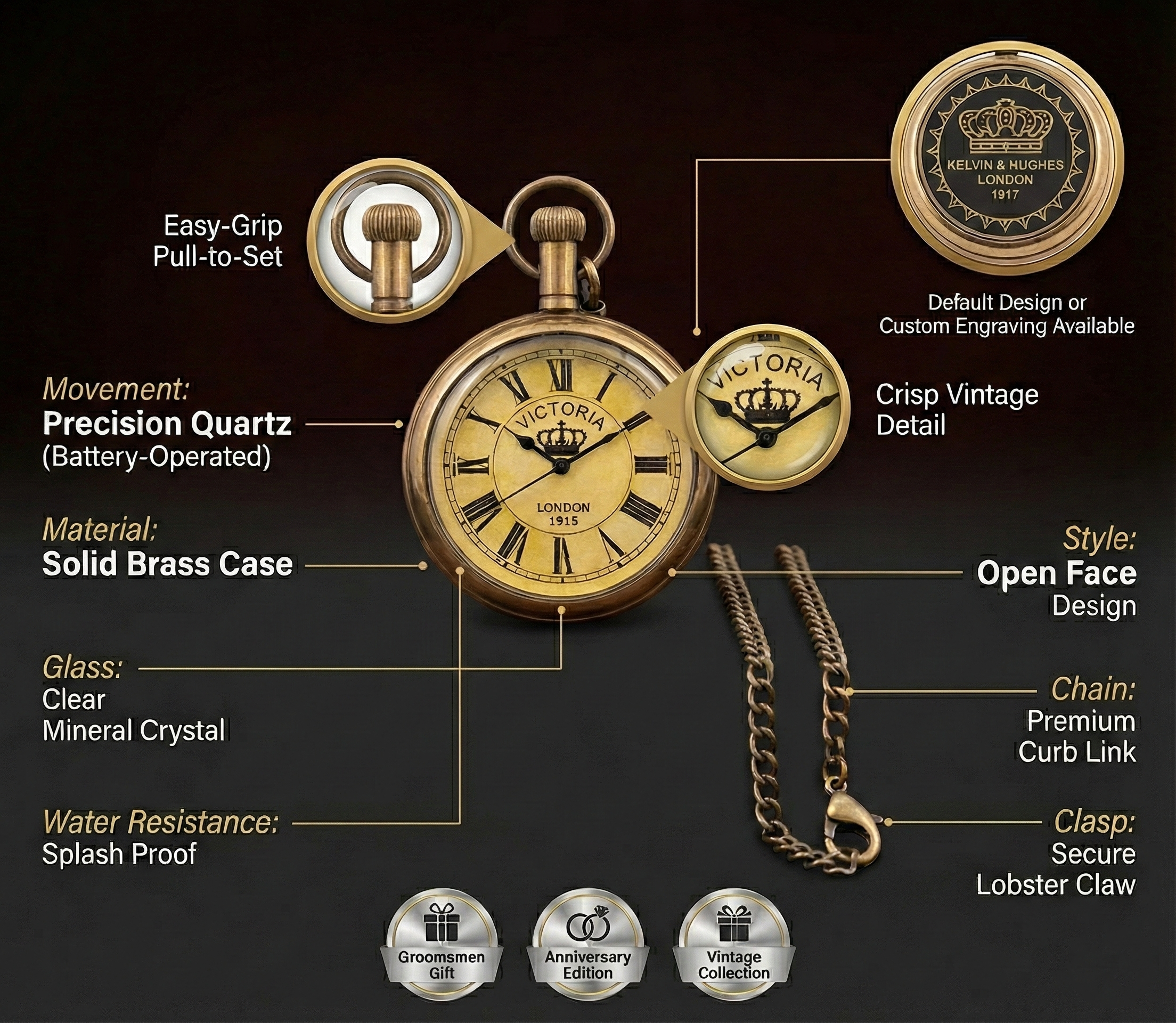 Brass Pocket Watch with Wooden Box Victoria London 1915 Antique Vintage Style Maritime